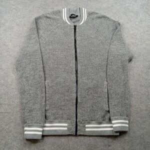 Express Sweater Mens Medium Gray Full Zip Bomber Knit Cotton Acrylic Stripe Trim